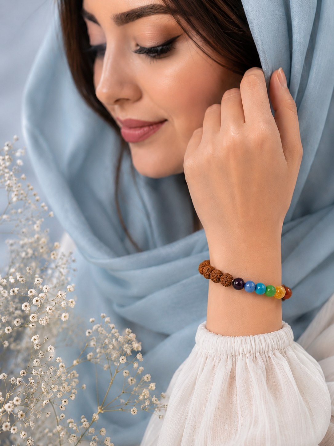 دستبند رودراکشا و مهره های هفت چاکرای معدنی کد 39124