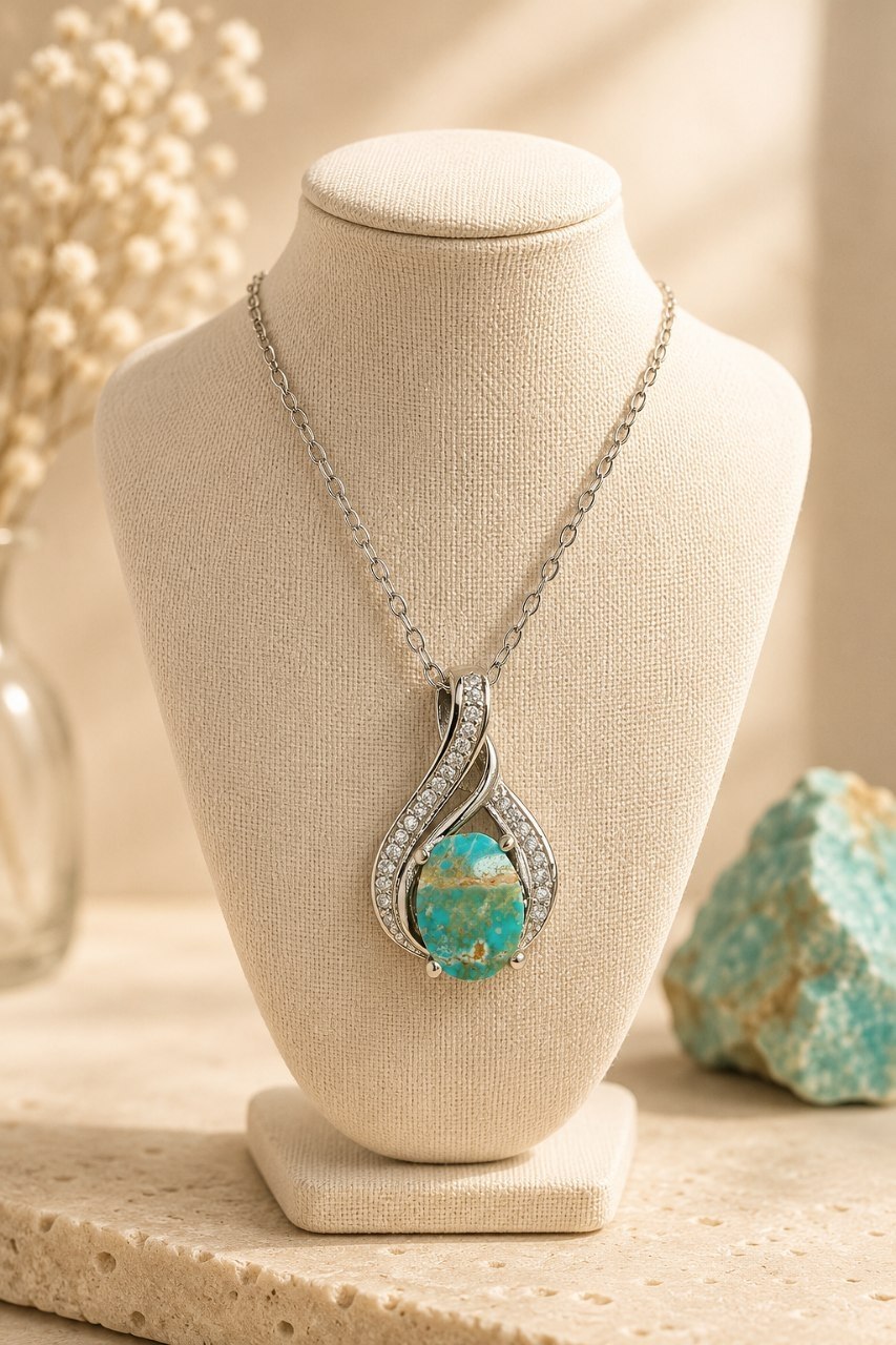 آویز گردنبند سنگ فیروزه طبیعی نیشابور ( پایه برنجی ابکاری)  ▫️کد  39334